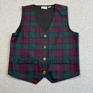 Urban Oasis Tartan Plaid Vest Womens Medium Wool Blend Buckle back Wood‎ Buttons